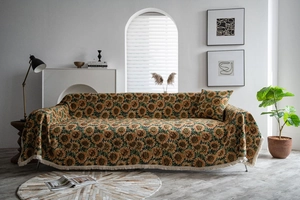 Close-up of thick sunflower pattern sofa cover with soft decorative fringe edges