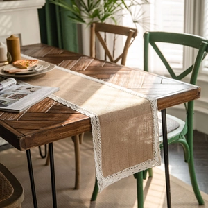 Natural Jute Table Runner With Lace Trim American Style Vintage Burlap Tablecloth For Wedding Party Rustic Home Dining Room Decoration