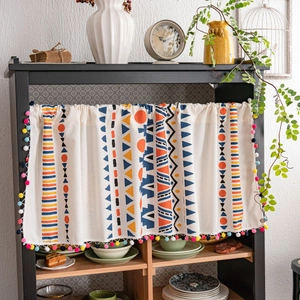 Bohemian Geometric Printed Valance With Colorful Pom-poms Polyester Cotton Cafe Curtain For Kitchen Cabinet Dustproof Door Curtain