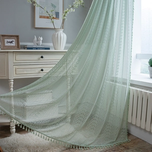 Vintage American Country Style Crochet Cotton Lace Curtain For Living Room Bedroom Hollow Out Floral Pattern Tassel Drapes