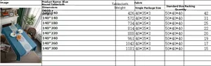 Size chart for blue tablecloth with fringe detailing and various dimension options