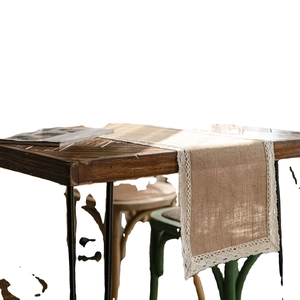 Natural jute table runner with white lace edges for rustic dining and party decoration