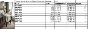 Size chart table for grey sunflower tablecloth with fringe detail and dimensions