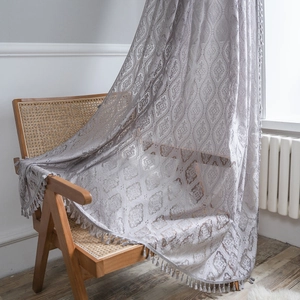 American Country Hollow Crochet Cotton Lace Curtains Translucent Floral Geometric Pattern Window Drapes With Tassels