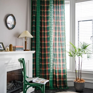 British vintage green plaid curtains with red accents and elegant lace tassels for home