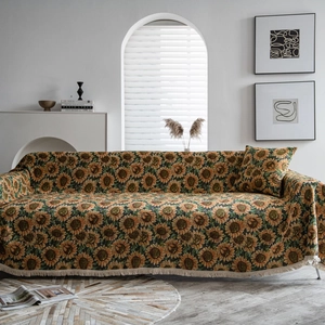 American Country Sunflower Jacquard Sofa Cover Throw Blanket With Tassels Thick Vintage Floral Dustproof Furniture Protector