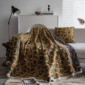 Retro sunflower pattern sofa cover throw blanket with tassels in American country style