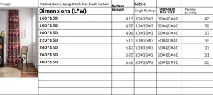 Size chart table for Bohemian printed patchwork curtains showing dimensions and weight