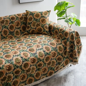 Vintage sunflower jacquard sofa throw blanket with white tassel fringe and pillow