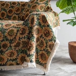 Thick American sunflower woven throw blanket with tassels for sofa decor