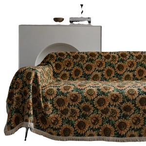 Retro sunflower jacquard sofa cover with fringe tassels in American rural style