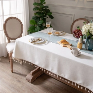 Elegant white rectangle tablecloth with tassels and light blue table runner set