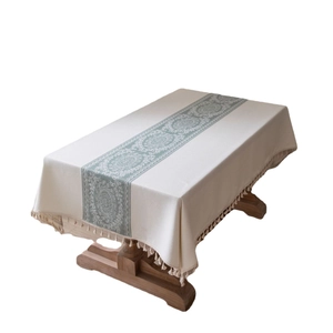 Rectangular cream tablecloth with vintage green floral pattern and fringe edge decor