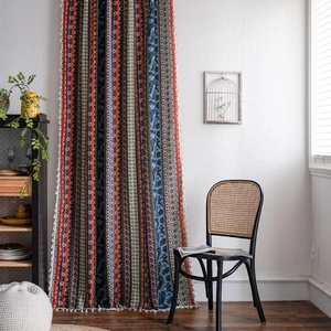 Bohemian patchwork printed curtains with ethnic geometric patterns and white fringe trim