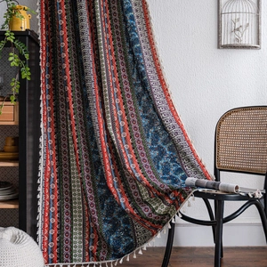 Bohemian Cotton Linen Tassel Curtains Printed Patchwork Striped Window Drapes Living Room Kitchen Semi-blackout Retro Decor