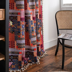 Bohemian geometric patchwork curtains with tassels for living room and kitchen decor