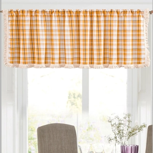 American Style Cotton Linen Rod Pocket Gingham Valance With Tassels For Kitchen Bathroom Cafe Door Short Curtain