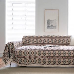 American Rustic Bohemian Geometric Jacquard Sofa Cover Thick Polyester Cotton Furniture Protector Slipcover With Tassel Fringe
