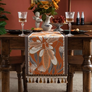 Jacquard Table Runner With Tassels American Style Farmhouse Floral Botanical Decor For Dining Table Bed Runner Home