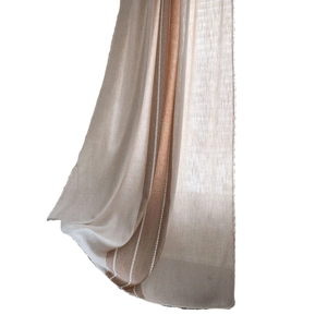 Farmhouse linen curtain with brown vertical stripes and fringe edges for rustic kitchen decor