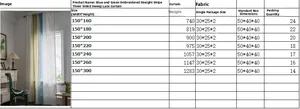 Size chart for striped embroidered curtains in various heights and blue-green colors