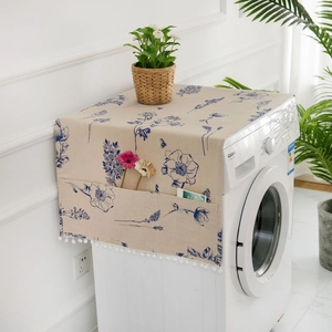 Floral dust cover for front-load washing machine with blue flowers and side storage pockets