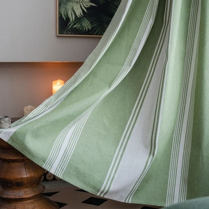 Vertical green striped cotton linen curtains with elegant texture for rustic home decor
