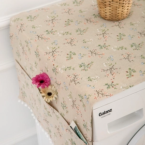 Floral print refrigerator dust cover with side pockets and elegant white fringe tassels