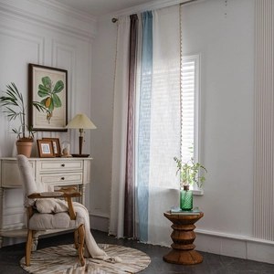 Rideau de Style Ferme Américaine en Coton Brodé à Rayures Avec Glands pour Cuisine Salon Chambre à Coucher Lambrequin