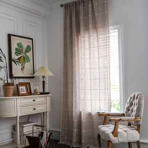 Beige linen plaid curtain with tassels for a farmhouse kitchen or living room decor
