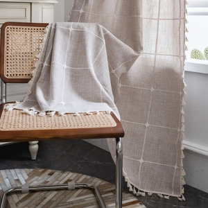 Farmhouse style beige checkered cotton linen curtains with tassels for kitchen window decor