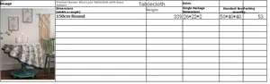 Size chart for 150cm round blue rose floral tablecloth with dark lace trim detail