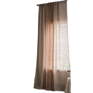 Rideau de ferme en coton lin marron avec rayures blanches et texture semi-transparente