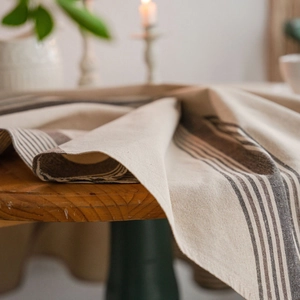 Linen striped tablecloth in navy and beige, rustic American style dining table cover