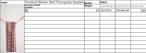 Detailed size chart for bohemian geometric tassel napkin with red and blue patterns
