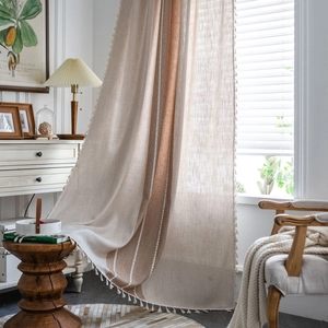 Bohemian linen curtain with caramel stripe, white embroidery and fringe tassels
