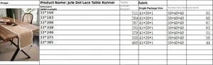 Detailed size chart for natural jute table runner with white lace edges and floral dots