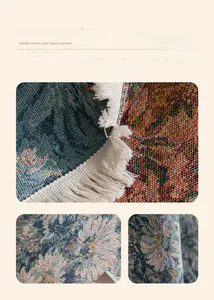 Detail of blue retro floral table cloth with yarn-dyed jacquard texture and white tassels