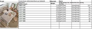 Size chart for white lace tablecloth with delicate floral embroidery and polka dot patterns