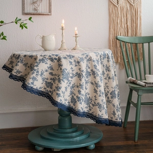 French vintage style round cotton linen tablecloth with blue floral print and lace edge