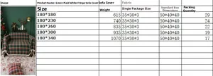 Size chart for green plaid multipurpose sofa cover with white fringe and weight details