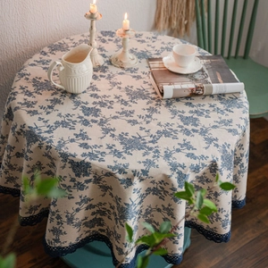 French blue floral cotton linen round tablecloth with elegant dark lace trim
