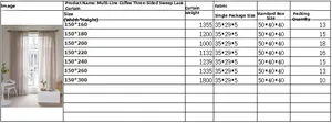 Tableau des tailles détaillé pour rideaux brodés avec poids et spécifications d'emballage