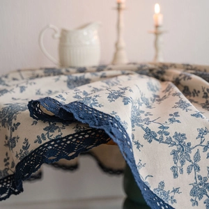 French vintage cotton linen tablecloth with blue floral prints and lace border
