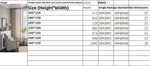 Size chart for blue rose cotton linen curtains showing dimensions and weight in detail