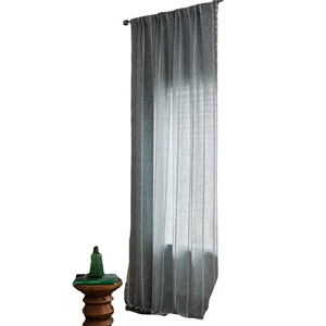 Grey striped semi-blackout farmhouse curtain with white dashed embroidery for living room