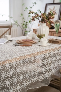Detailed macro view of white floral lace tablecloth with intricate embroidery patterns