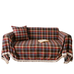 Vintage red and blue plaid sofa cover with tassel fringe and matching pillowcase