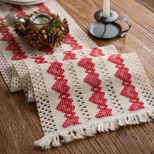 Rustic cotton linen table runner with red diamond embroidery and handmade tassels decoration
