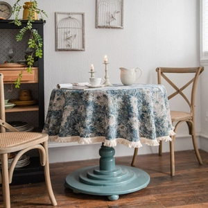 Blue vintage floral jacquard round tablecloth with white fringe trim and garden patterns